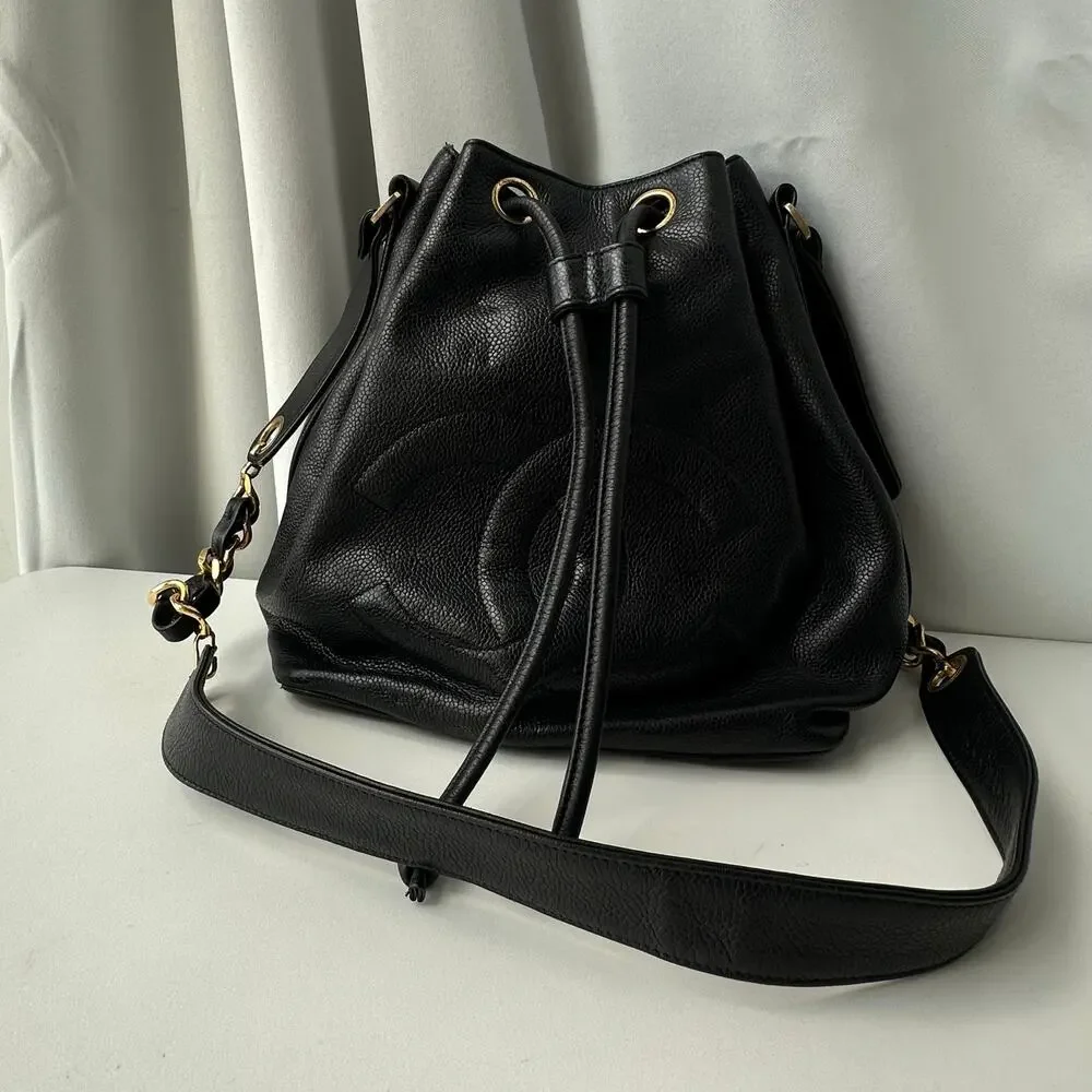 Chanel Vintage Caviar Drawstring Bucket Bag Black Leather Gold Hardware